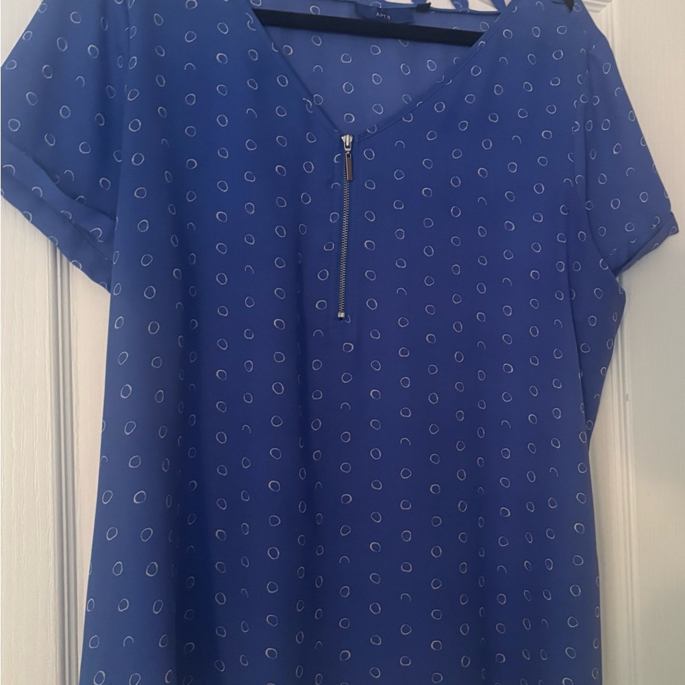 Blue Short Sleeve Blouse with V-Neck